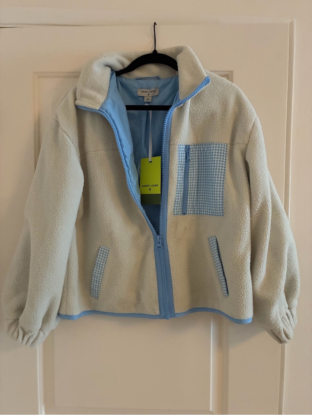 Sandy Liang Cream Sherpa Jacket with Light Blue Trim and Gingham Pocket